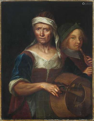 An elderly lady playing the hurdy-gurdy with a young boy playing a flute Attributed to Balthazar Denner(Hamburg 1685-1749 Rostock)