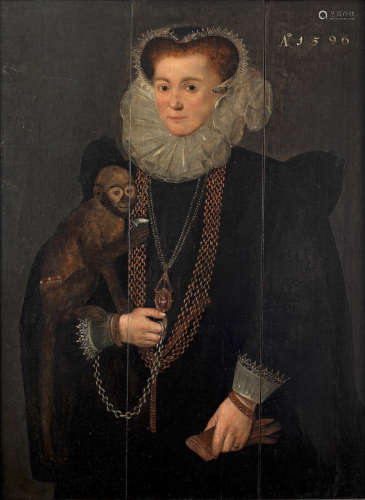 Portrait of a lady, three-quarter-length, in black costume, with her pet monkey English Schoollate 16th Century