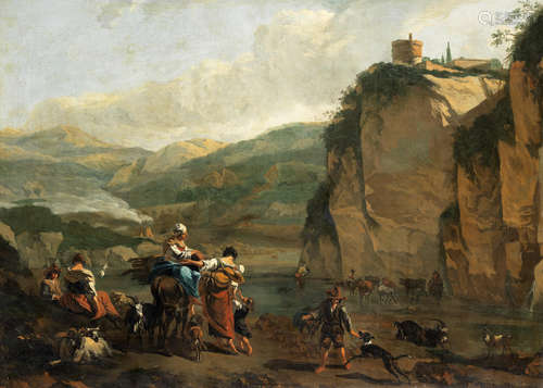 An Italianate river landscape with figures, sheep and cattle Attributed to Abraham Jansz. Begeyn(Leiden 1637-1697 Berlin)