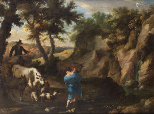 A drover and shepherdess fording a stream with their livestock Circle of Andrea di Leone(Naples 1610-1685)