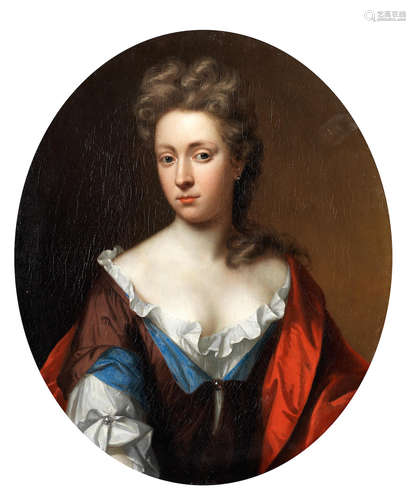 Portrait of a lady, bust-length, wearing a blue and red dress, believed to be a member of the Graves family of Mickleton Manor, Gloucestershire unframed Attributed to Thomas Murray(probably Scotland 1663-1735 London)