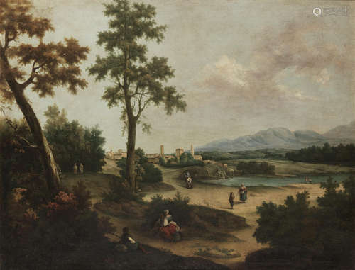 An extensive river landscape with figures resting on a country path, Follower of Francesco Zuccarelli(Pitigliano 1702-1788 Florence)