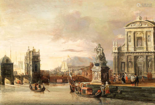 A Mediterranean harbour with elegant figures boarding gondolas Jacobus Storck(Amsterdam 1641-1687)