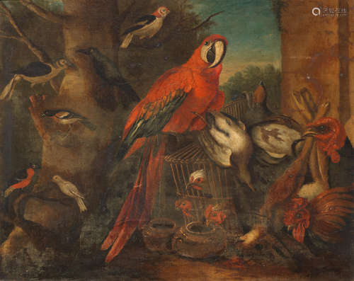 A Macaw with other birds and game in a landscape Circle of Melchior de Hondecoeter(Utrecht 1636-1695 Amsterdam)