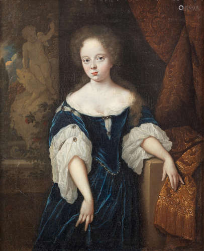 Portrait of a young lady, three-quarter-length, in a blue dress standing before a curtain Attributed to Constantyn Netscher(The Hague 1668-1723)