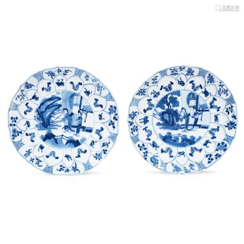 Kangxi  A pair of moulded blue and white foliate dishes