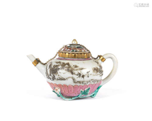 Qianlong An unusual famille rose and grisaille-enamelled teapot and cover