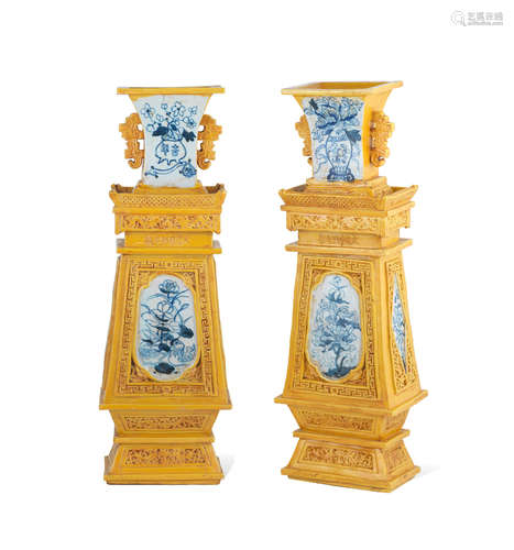 Kangxi six-character marks and of the period A pair of blue and white yellow-glazed altar vases