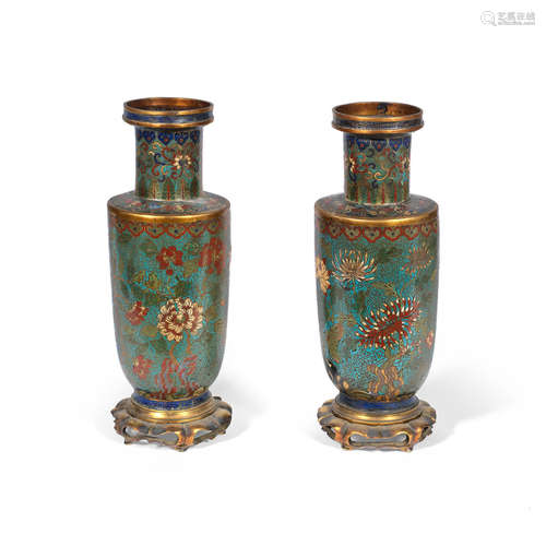 19th century A pair of cloisonné enamel rouleau vases