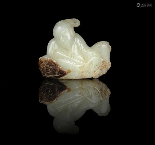 18th century A green and russet jade carving of Luohan and tiger