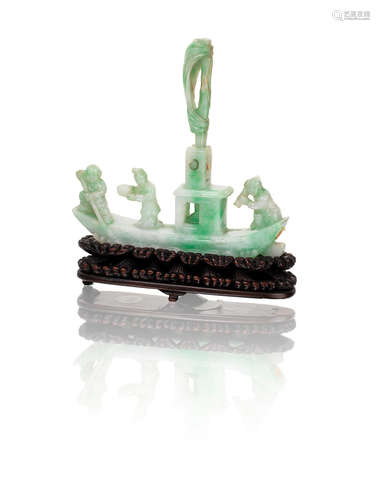 Late Qing Dynasty A jadeite carving of a sampan with three figures