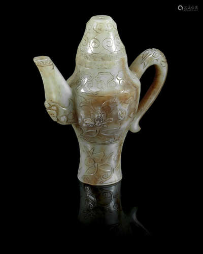 16th/17th century  A mottled green jade carved ewer and cover