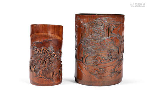 Late Qing Dynasty Two carved bamboo brush pots