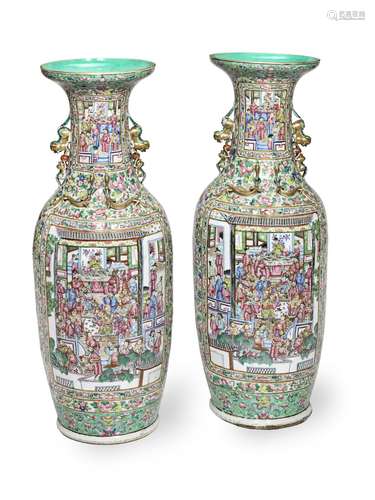 19th century A MONUMENTAL PAIR OF CANTON FAMILLE ROSE VASES