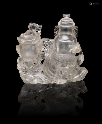 19th century A rock crystal 'dragon and phoenix' double vase and cover