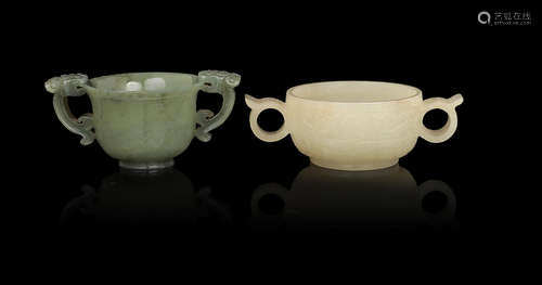 Qing Dynasty A pale green jade archaistic two-handled cup