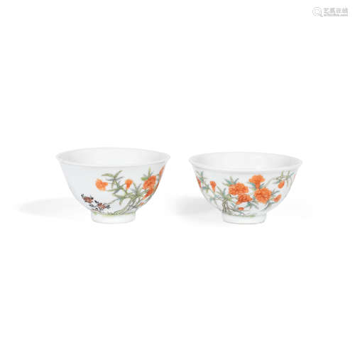 Guangxu six-character marks and of the period A small pair of enamelled 'peony' wine cups