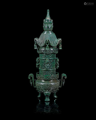 Late Qing Dynasty/early Republic period  A large spinach-green hardstone tiered 'pagoda' incense burner and cover