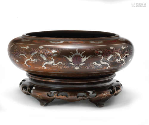 Qing Dynasty A mixed-metal inlaid bronze incense burner and stand