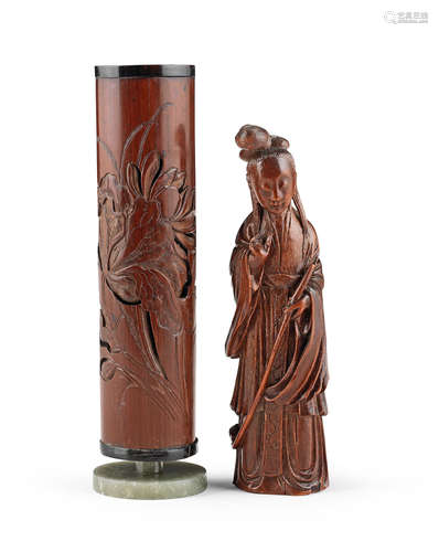 18th/19th century A carved bamboo lotus parfumier and a bamboo carving of a lady