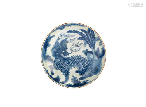 Yutang jiaqi four-character mark, Shunzhi A blue and white 'Qilin' dish