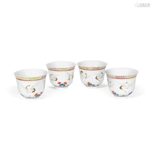 Guangxu six-character mark and probably of the period  A set of four famille rose 'crane' wine cups