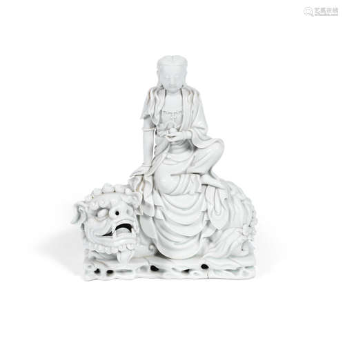 Boji Yuren seal mark, Qing Dynasty A blanc-de-chine figure of Guanyin atop a lion