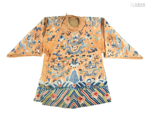 Late Qing Dynasty An apricot-ground silk embroidered 'temple statue' jacket