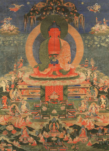 Tibet, 19th century A thangka of Amitabha in the Pureland of Sukhavati