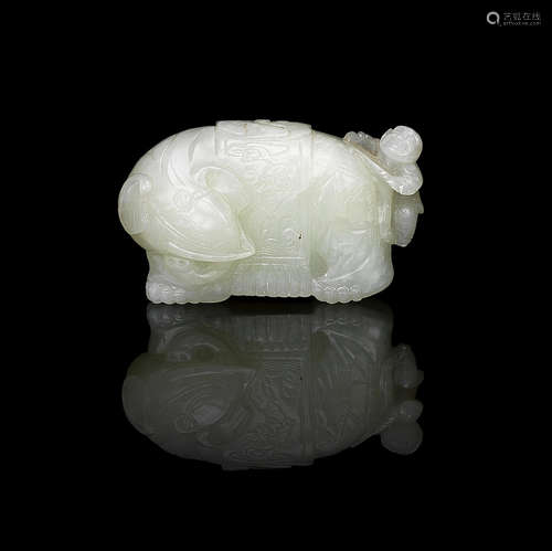 18th/19th century A white jade carving of an elephant and boy