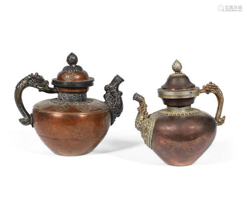 Tibet, 19th century  Two copper-alloy repoussé teapots and covers