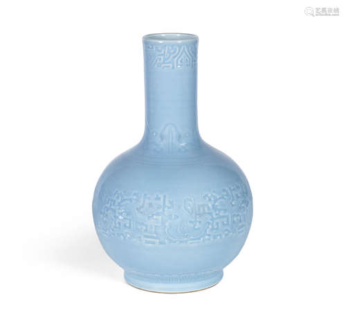 A clair-de-lune glazed carved archaistic bottle vase