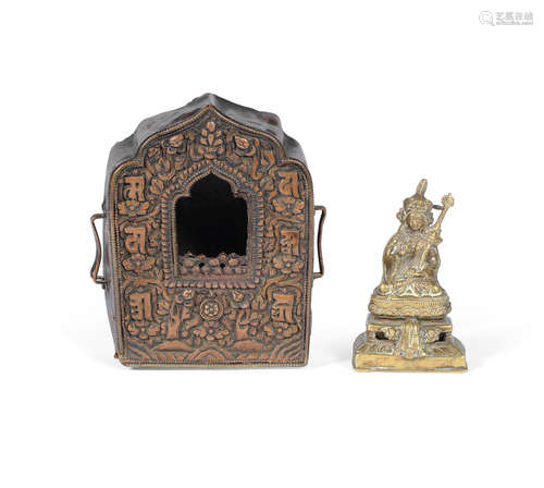 Probably Bhutan and Nepal 18th/19th century A small bronze figure of Padmasambhava and a copper alloy repoussé shrine, gau