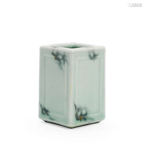 Qianlong seal mark  A small celadon-glazed and underglaze cobalt-splashed square brush pot, bitong