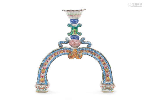 Qianlong An unusual painted enamel candle holder