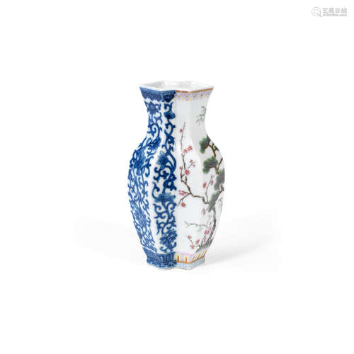 Late Qing Dynasty/early Republic period A blue and white and famille rose 'three friends' conjoined vase