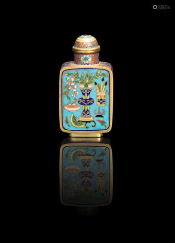 Qianlong four-character incised mark, Qing Dynasty A cloisonné enamel snuff bottle and stopper