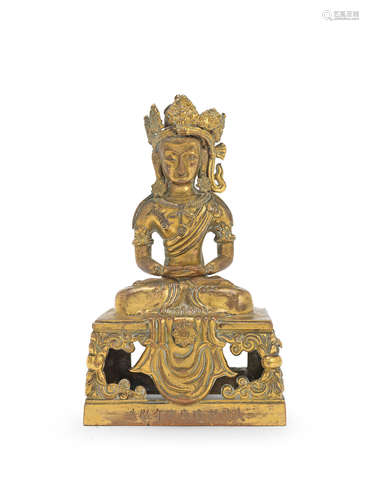 Qianlong nine-character mark, cyclically dated gengyin year corresponding to 1770 and of the period A gilt-bronze figure of Amitayus