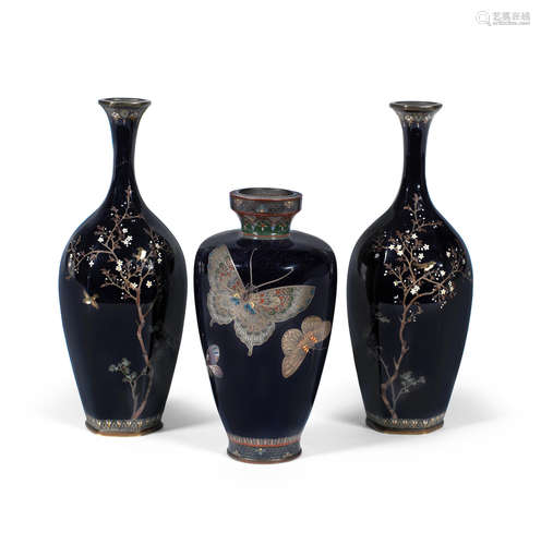 Meiji Period A pair of Japanese cloisonné enamel hexagonal bottle vases