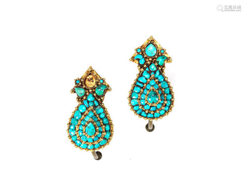 19th/20th century A pair of brass-mounted turquoise and gold earrings