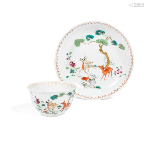 18th century A famille rose 'deer and pine' tea cup and saucer