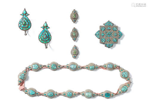 Tibet, 19th century A group of turquoise-inset silver jewellery