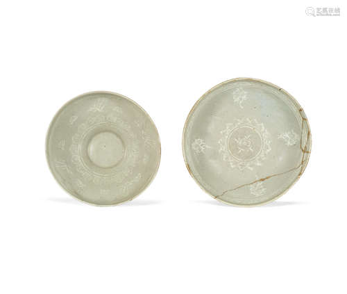 Korea, Goryeo Dynasty A slip-decorated celadon 'cranes' bowl and A slip-decorated celadon 'pomegranate' shallow bowl