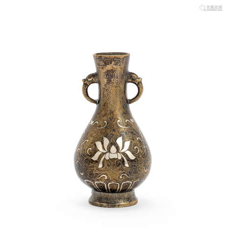 18th century A silver-inlaid gilt bronze pear-shaped vase