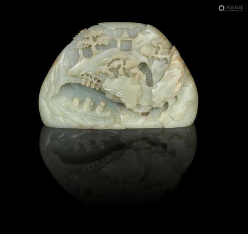 20th century A pale green and russet jade boulder carving