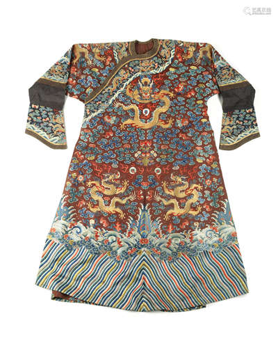 19th century A chestnut-ground silk 'nine-dragon' robe, mangpao