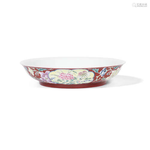 Republic period A red-ground famille rose 'peony' dish