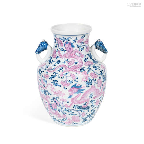 Qing Dynasty A pink-enamelled blue and white 'chilong and lingzhi' vase