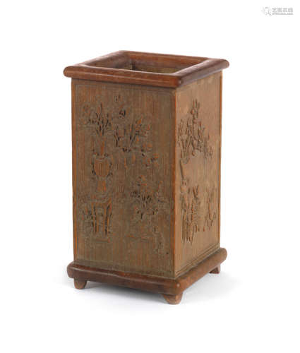 Signed Xiao Chen, cyclically dated Autumn of dinghai year, corresponding to 1887 A square hardwood-mounted bamboo brush pot