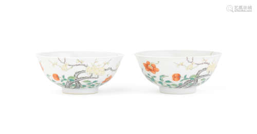 Shendetang four-character marks, Daoguang A rare pair of polychrome enamel 'prunus' bowls